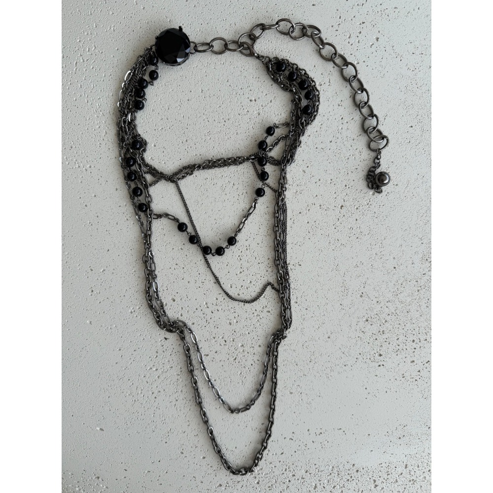 Gunmetal Multi Strand Layered Statement Necklace Black Crystal Bead Edgy Goth